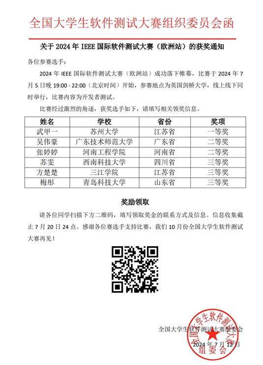 国际软件测试大赛证明